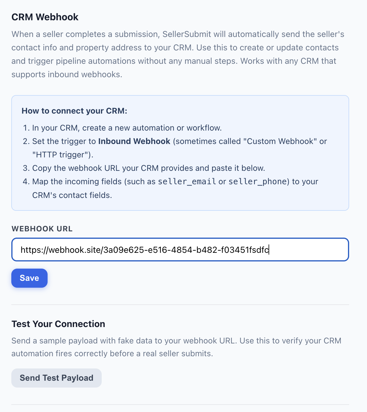 CRM webhook settings